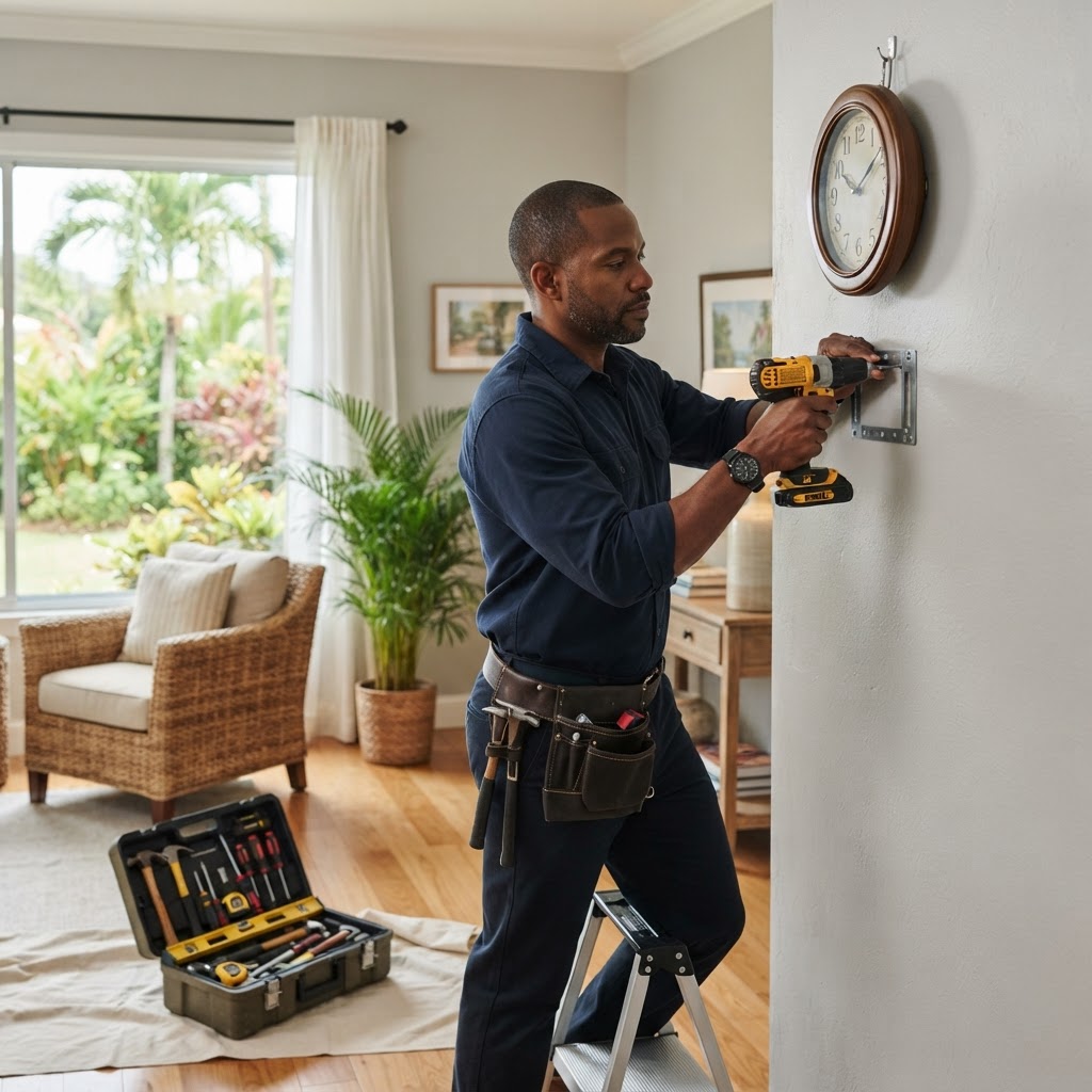 Professional installing wall clock mounting.