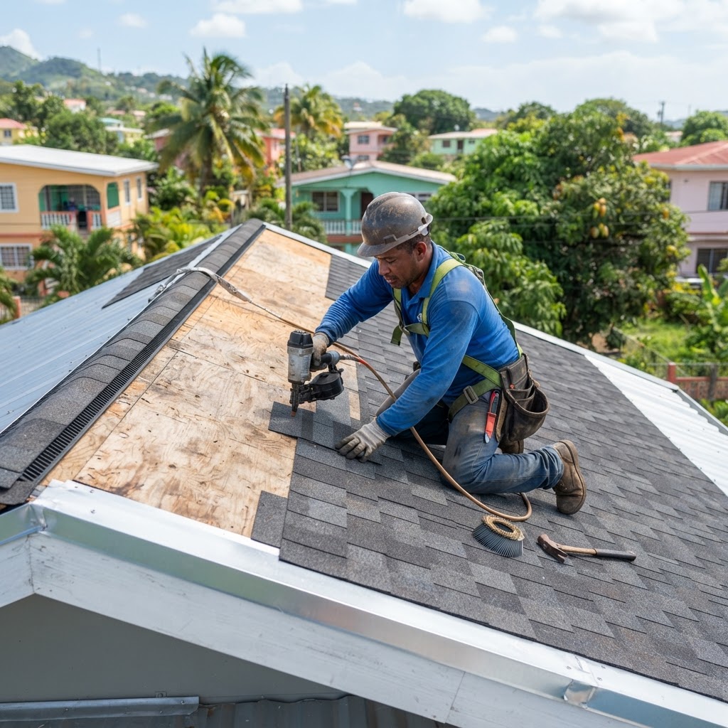 Professional roofer installing shingles on a residential roof.