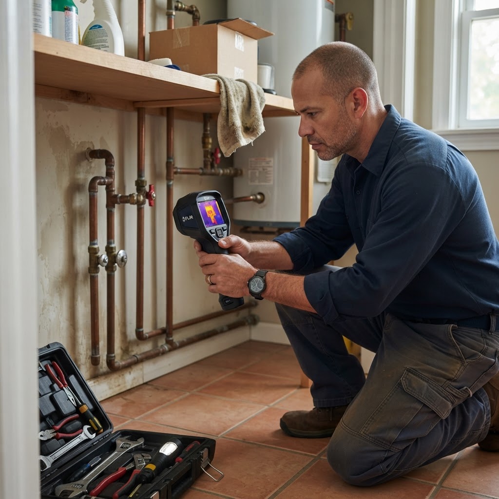 Professional servicing plumbing leak inspection.