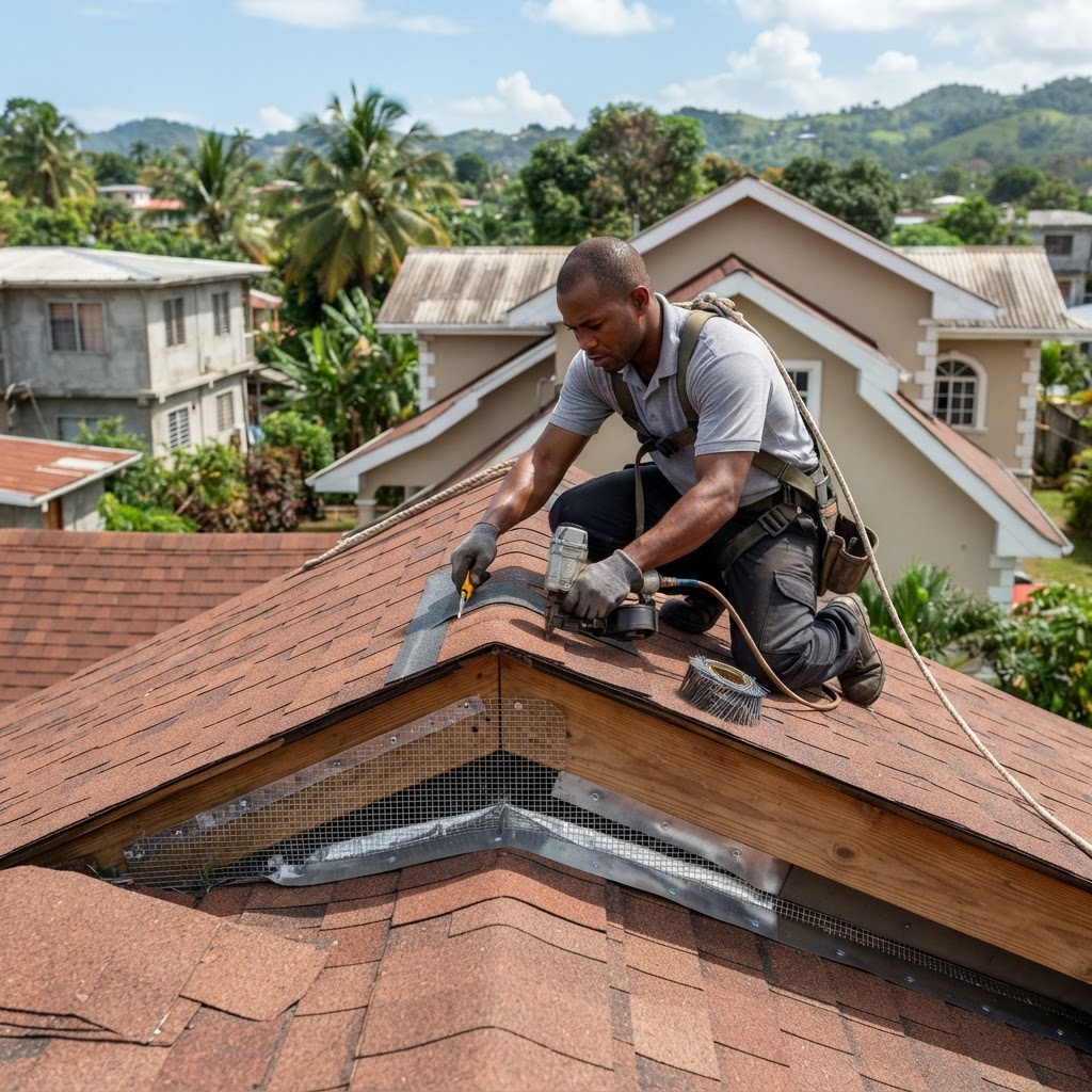 Professional roofer installing shingles on a residential roof.
