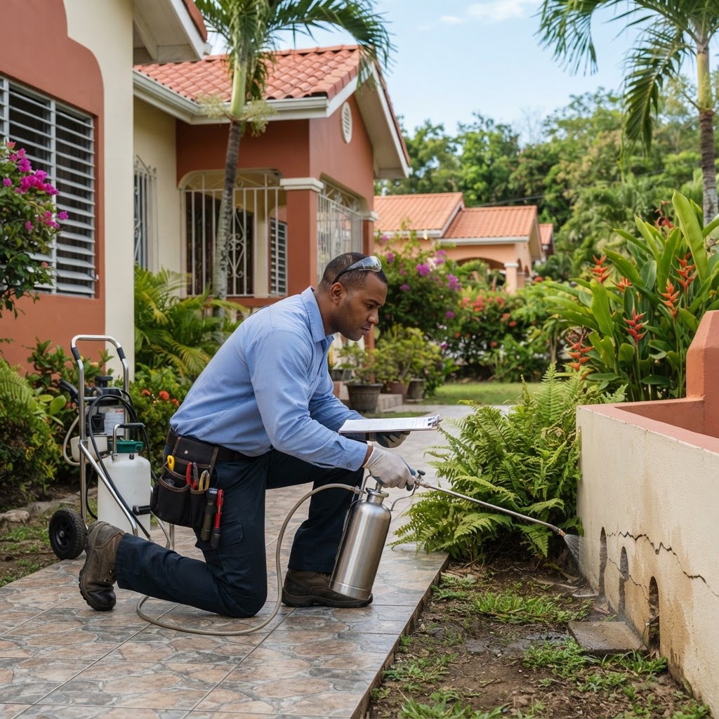 Professional pest-control technician treating a home.