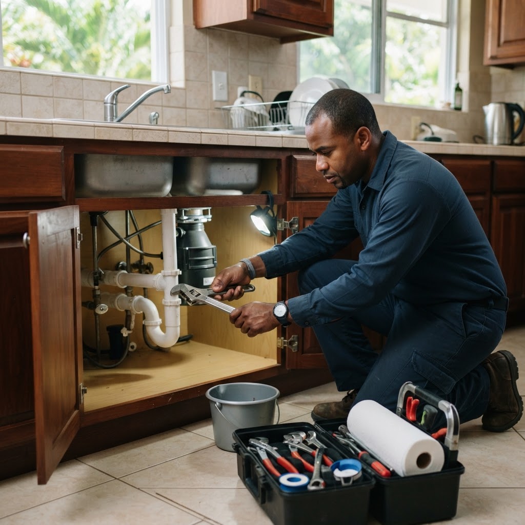 Professional servicing kitchen plumbing maintenance.
