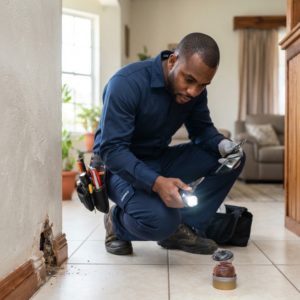 Professional pest control technician inspecting rodent entry points in a home.