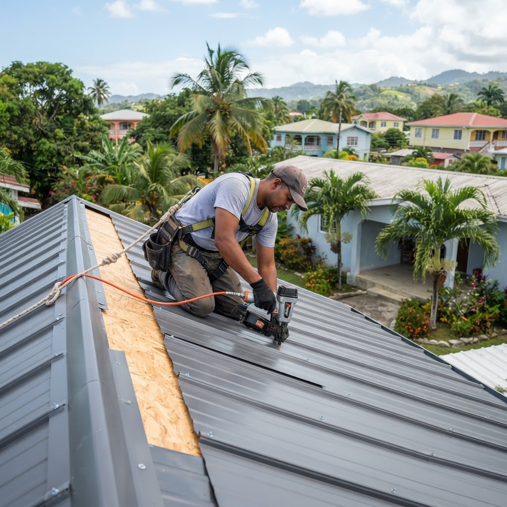 Professional roofer installing shingles on a residential roof.