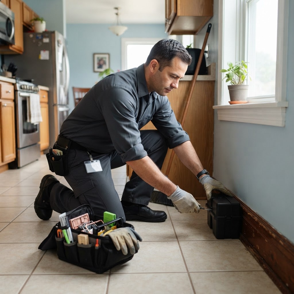 Professional pest control technician setting mouse traps in a home.