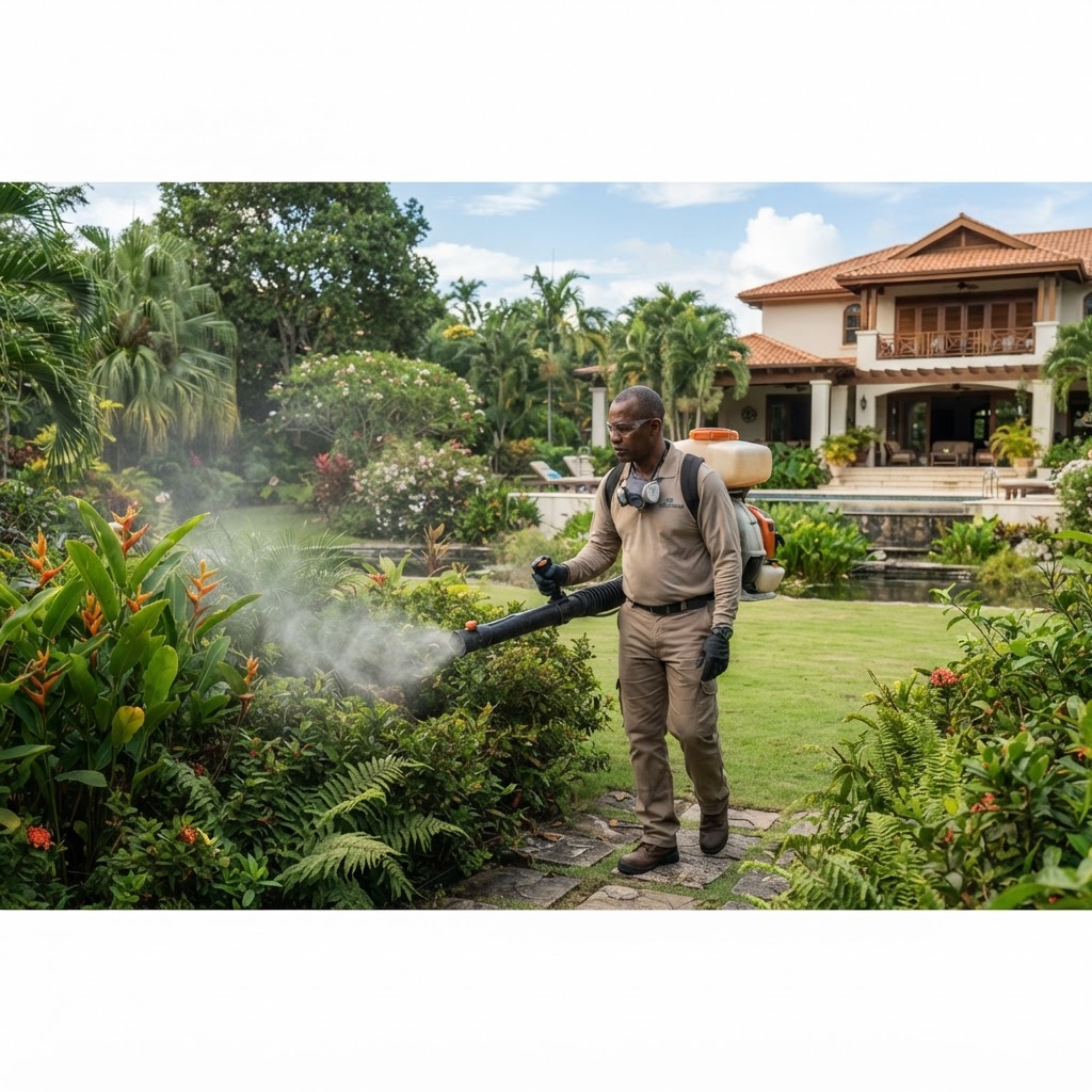 Professional pest control technician treating a backyard for mosquitoes.