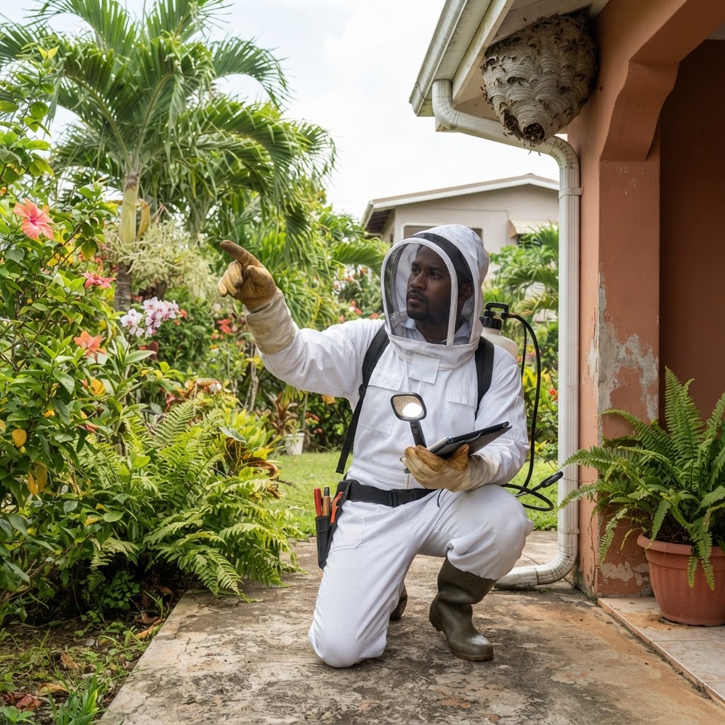 Professional pest control technician in protective gear assessing a wasp nest.