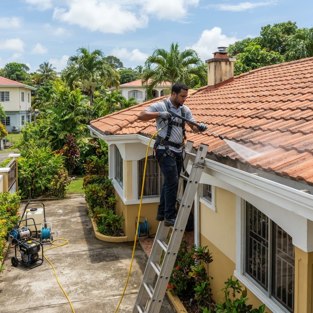Professional cleaning exterior roofline cleaning.