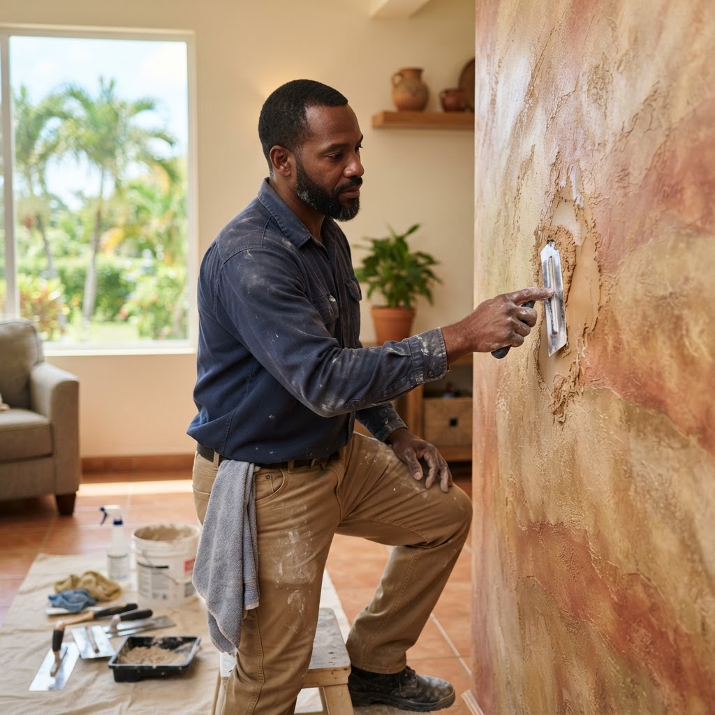 Professional repairing decorative wall finishes.