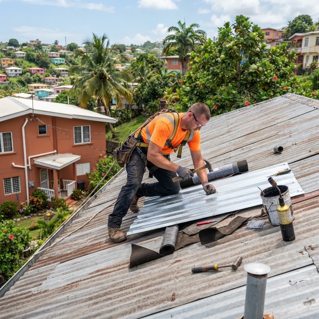 Professional roofer repairing a section of roof.