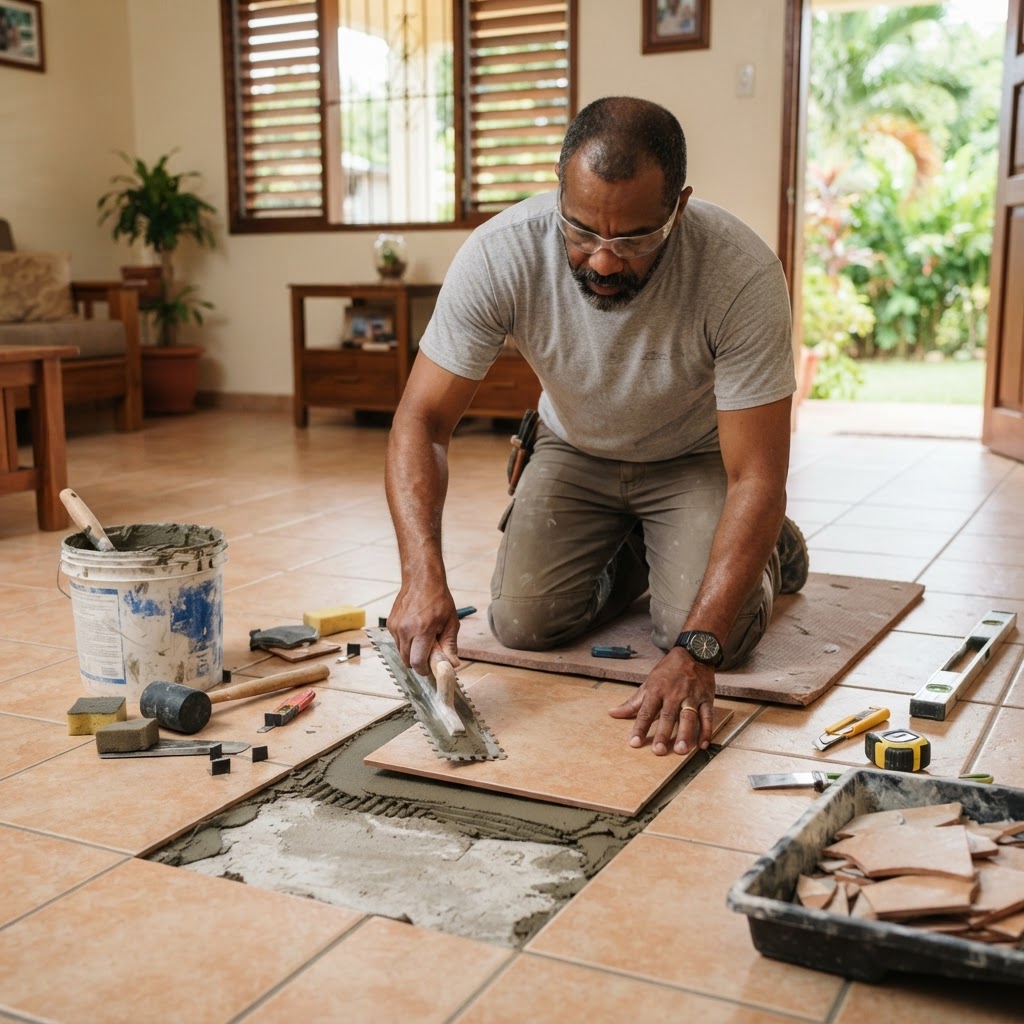 Professional repairing broken tile replacement.