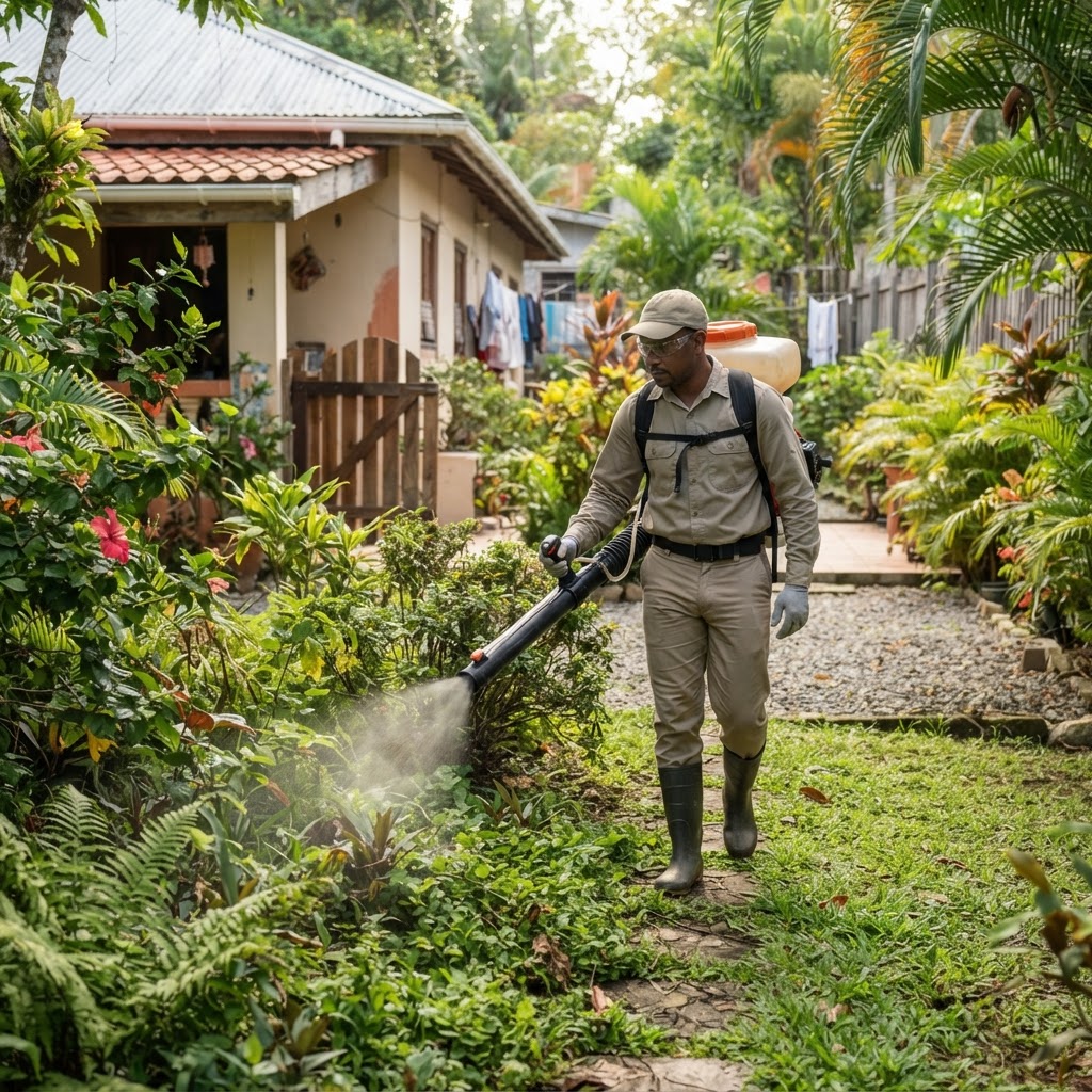 Professional pest control technician treating a yard for fleas.