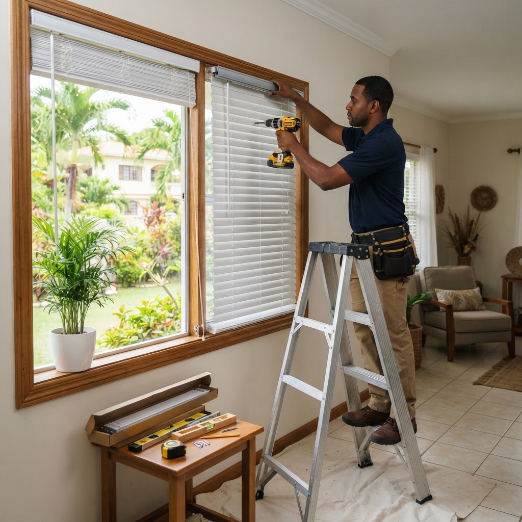 Professional installing blind installation.
