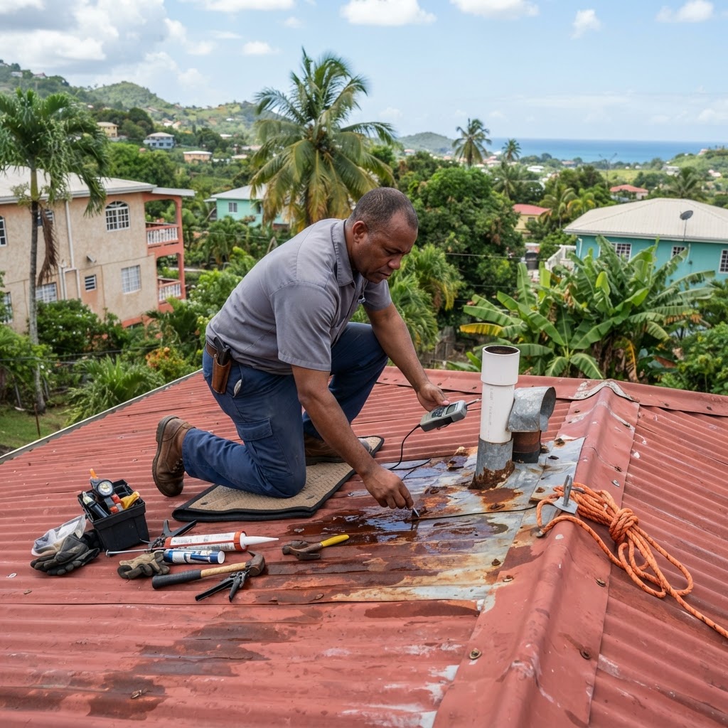 Professional servicing roof leak inspection.