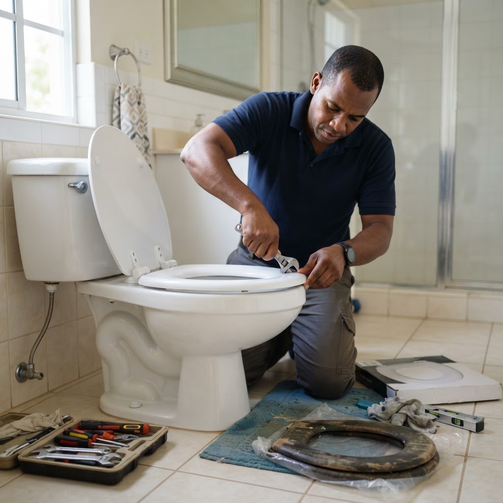 Professional installing toilet seat replacement.