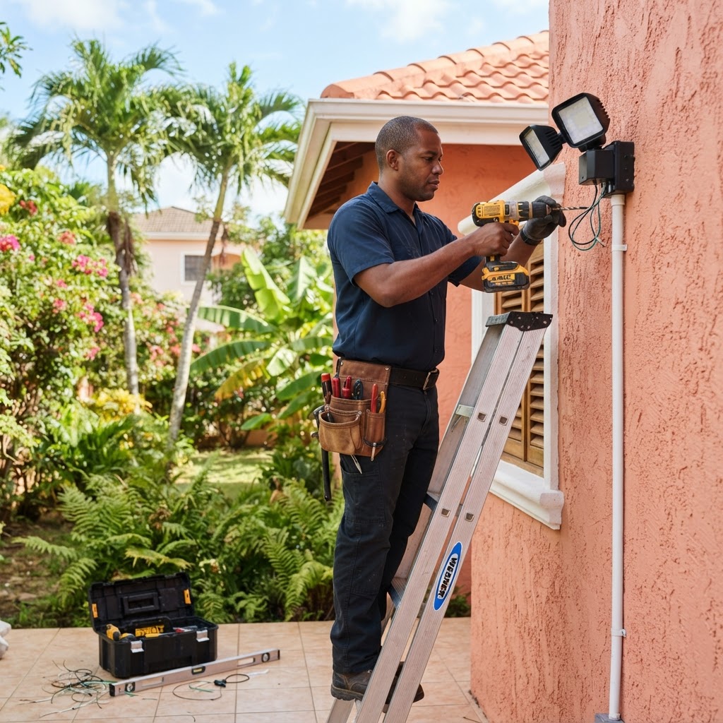 Professional installing outdoor security lighting.