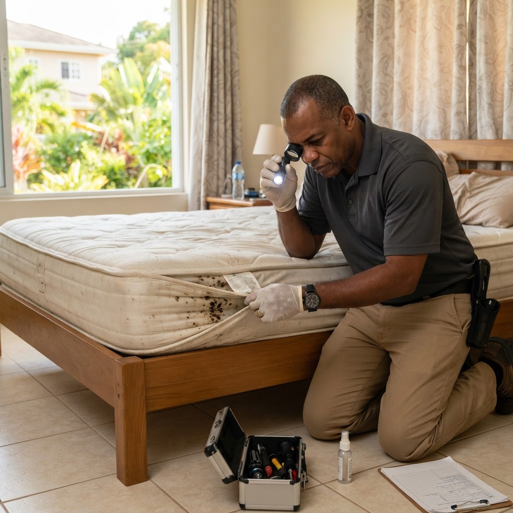 Professional pest control technician inspecting a mattress for bedbugs.