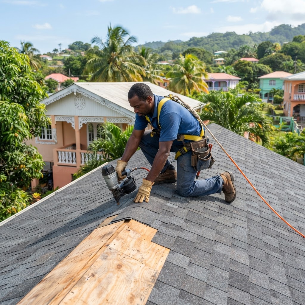 Professional roofer installing shingles on a residential roof.