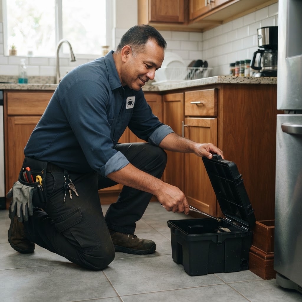 Professional pest control technician inspecting a rodent bait station in a clean kitchen.