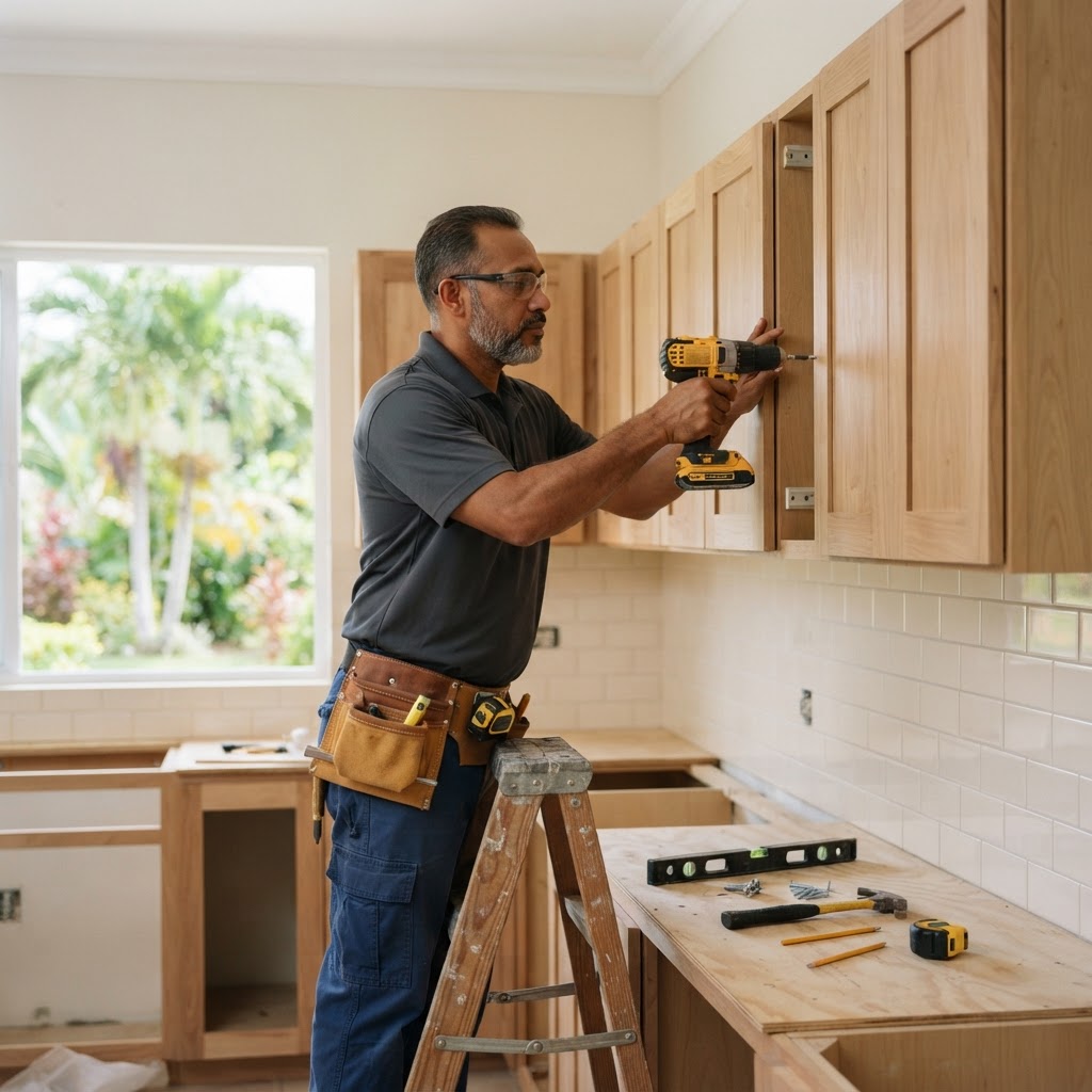 Professional carpenter installing kitchen cabinets.