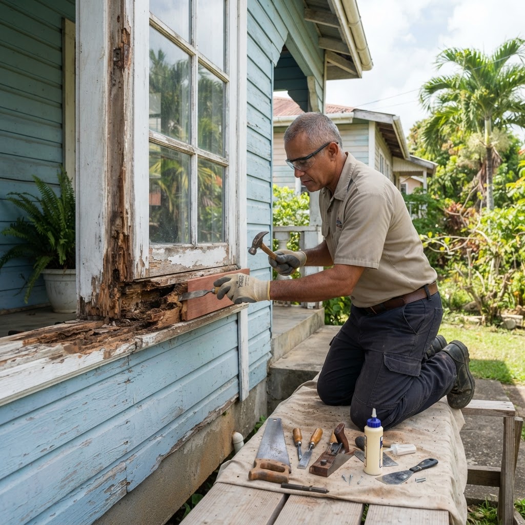 Professional repairing window frame repairs.