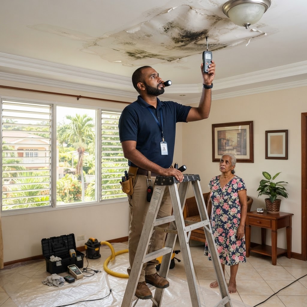 Professional servicing ceiling leak damage assessment.