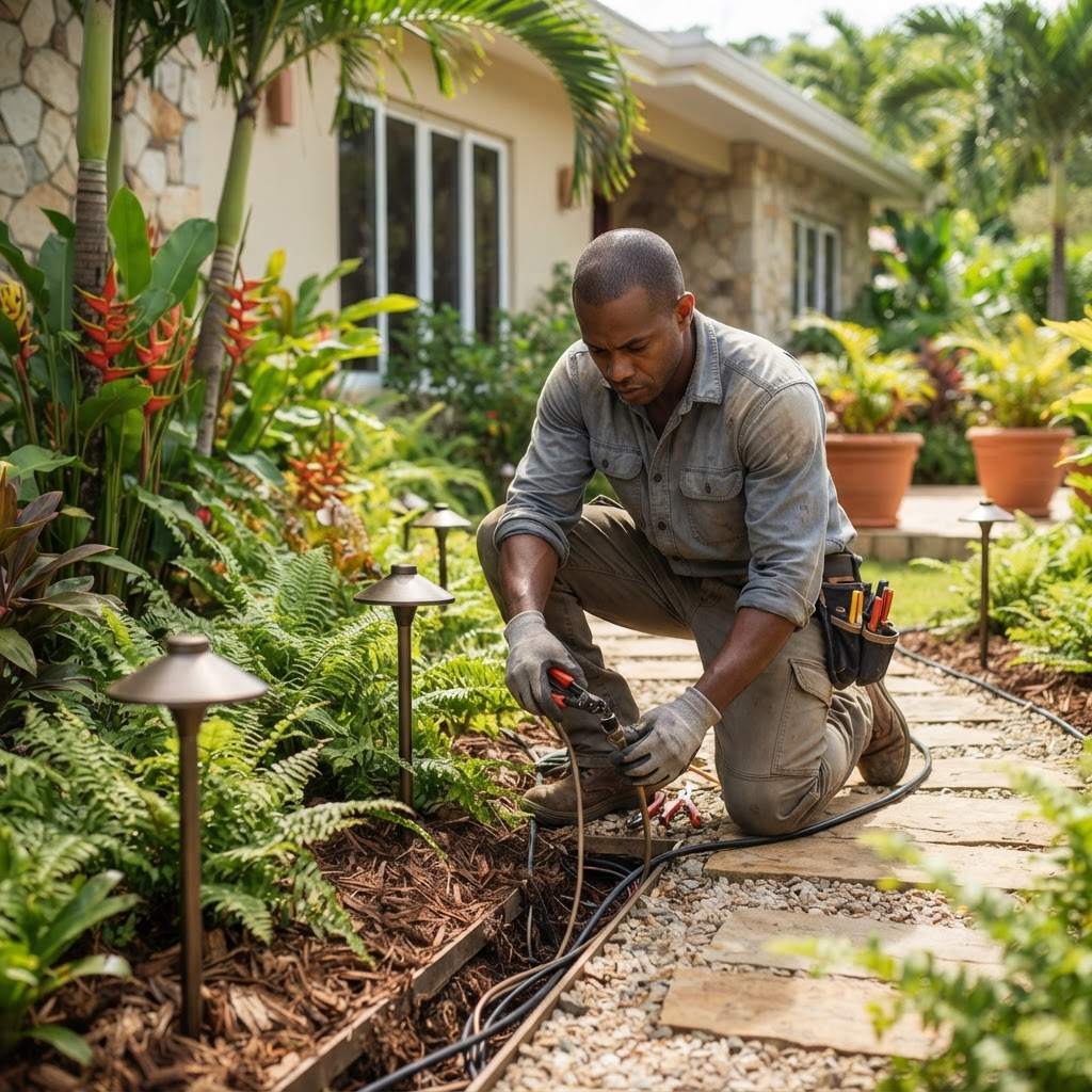 Professional installing outdoor lighting installation.