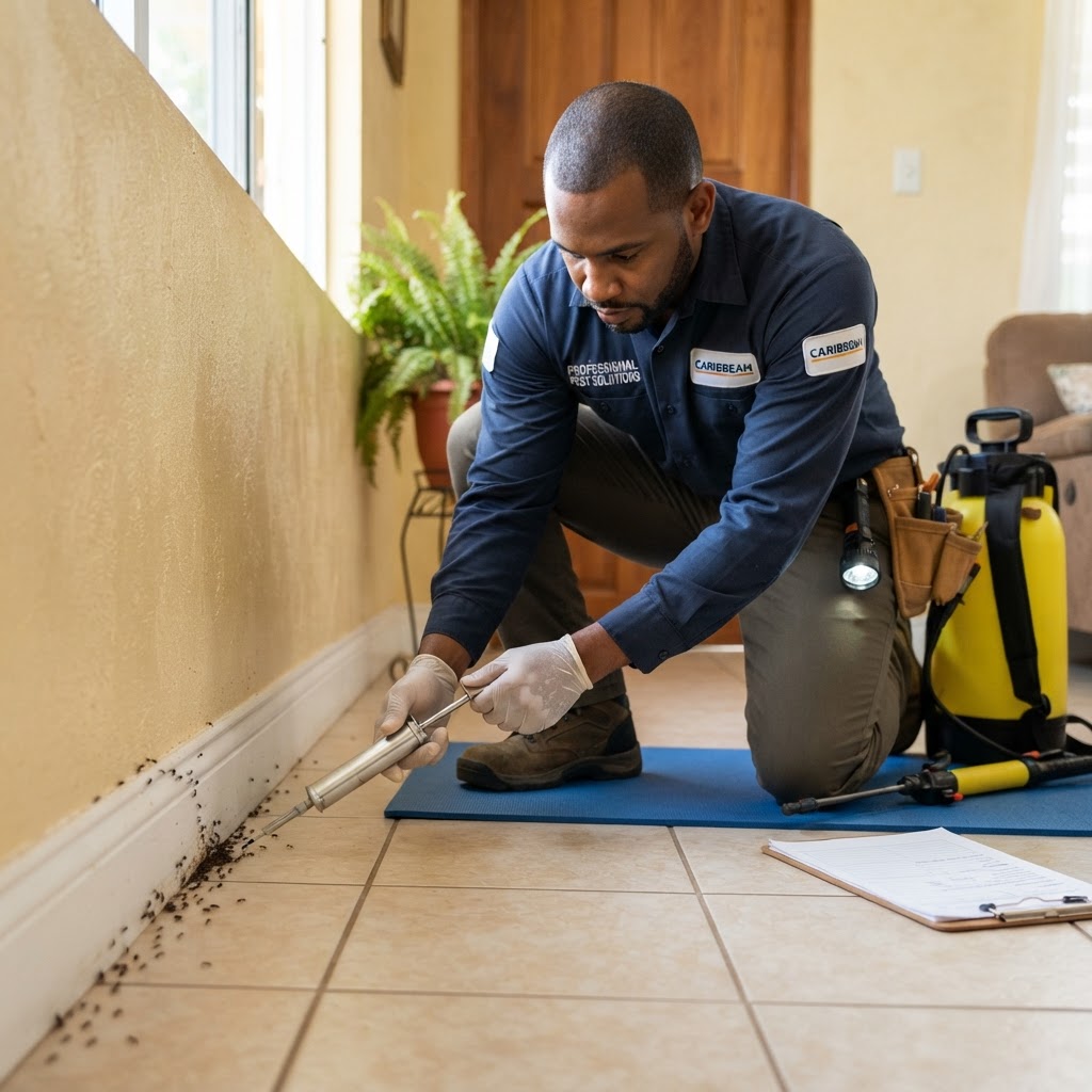 Professional pest control technician treating an ant infestation along a baseboard.