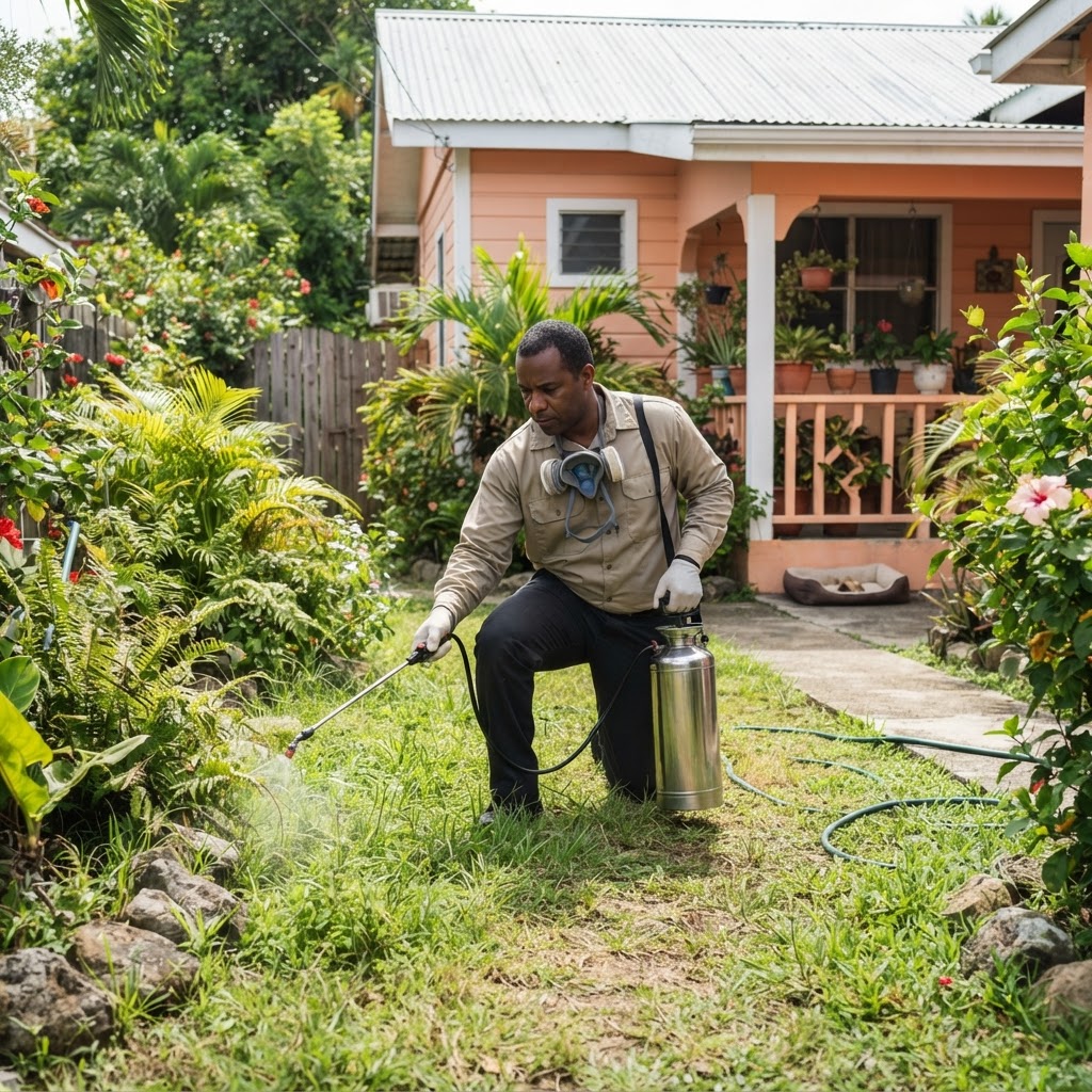 Professional pest control technician treating a yard for fleas.