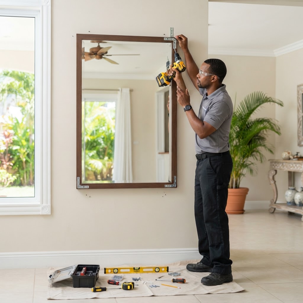 Professional installing mirror mounting.