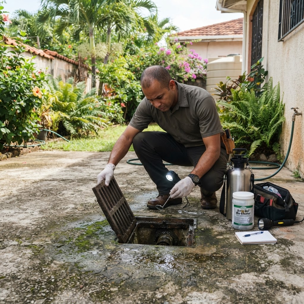Professional pest control technician inspecting a drain for fly breeding activity.