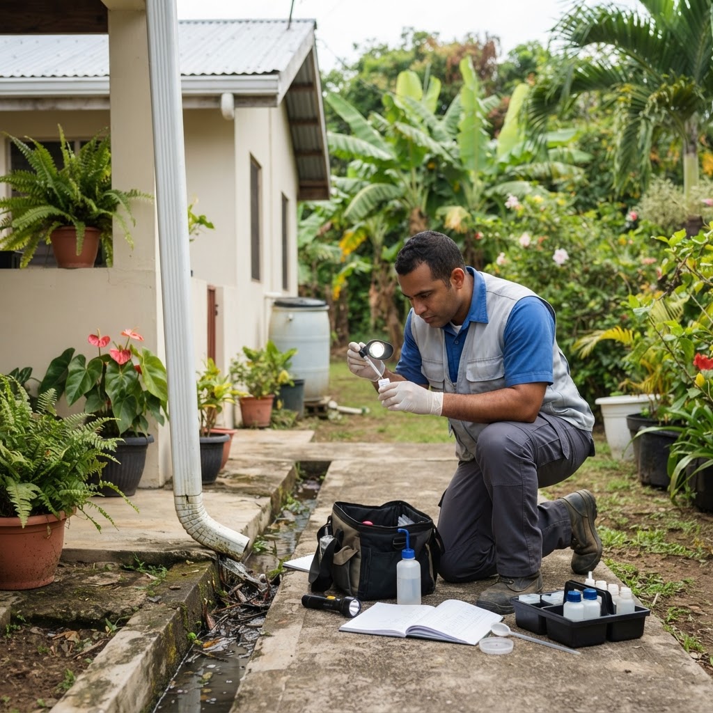 Professional servicing standing-water inspection.