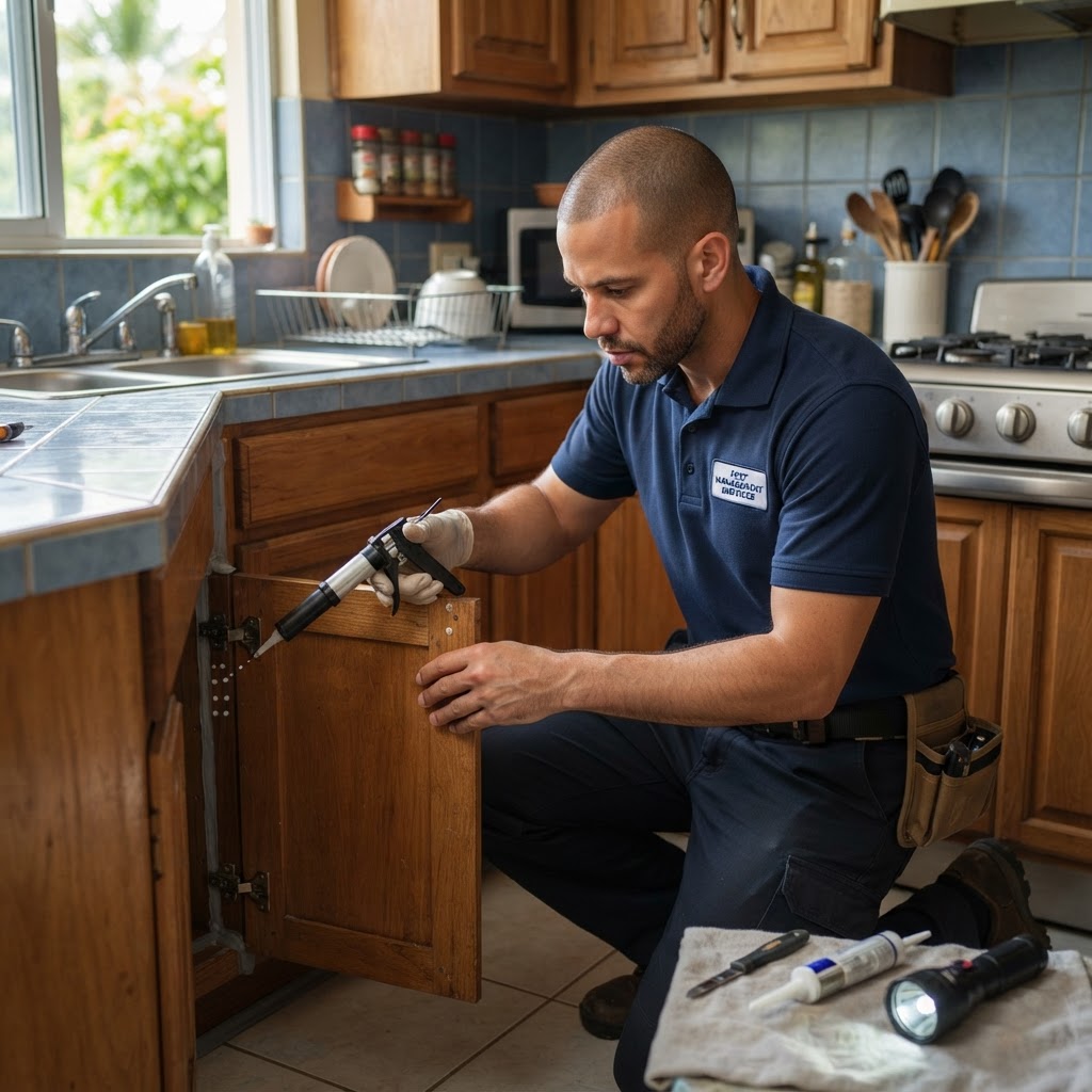 Professional pest control technician applying cockroach gel bait in a kitchen.