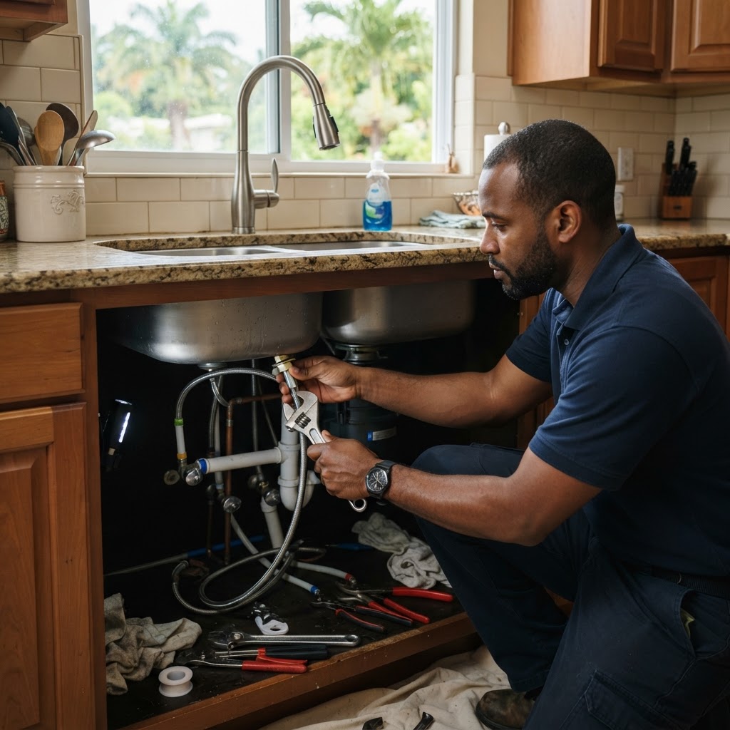 Professional installing kitchen faucet replacement.