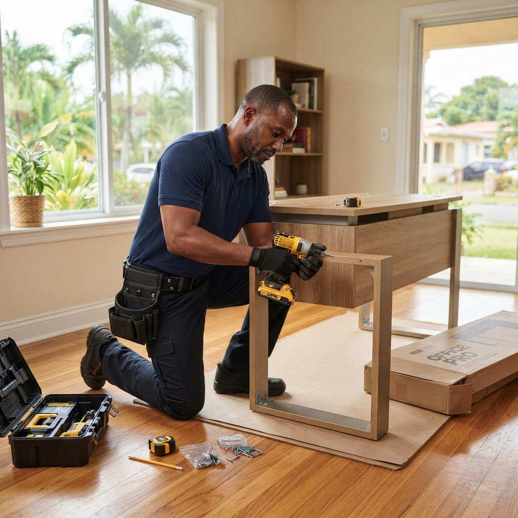 Professional installing desk assembly.