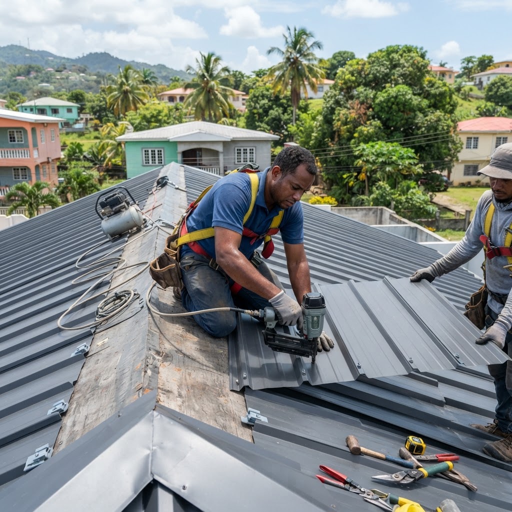 Professional roofer installing shingles on a residential roof.