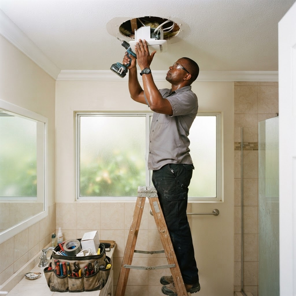 Professional installing bathroom ventilation fan installation.