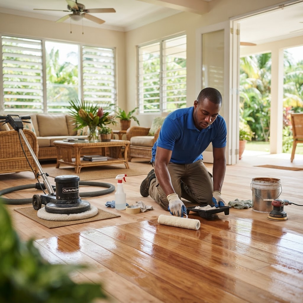 Professional servicing wooden floor maintenance.