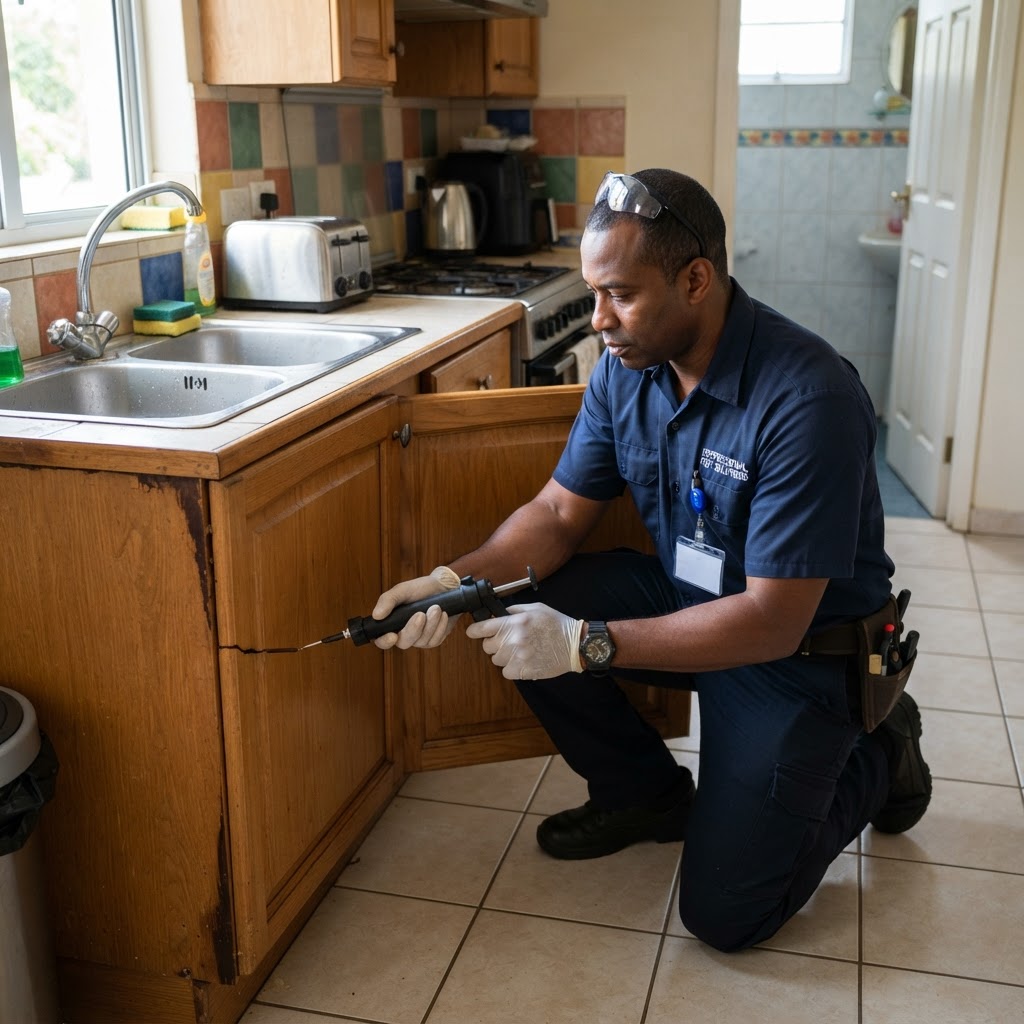 Professional pest control technician applying cockroach gel bait in a kitchen.