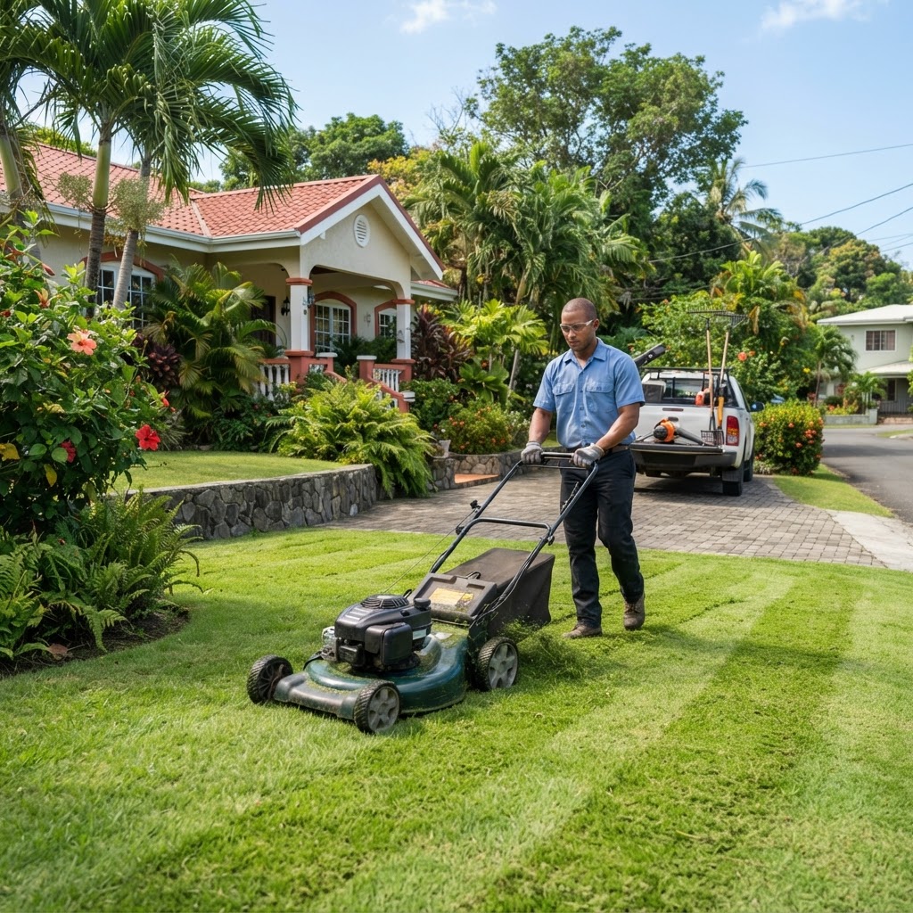 Professional landscaper maintaining a residential lawn.