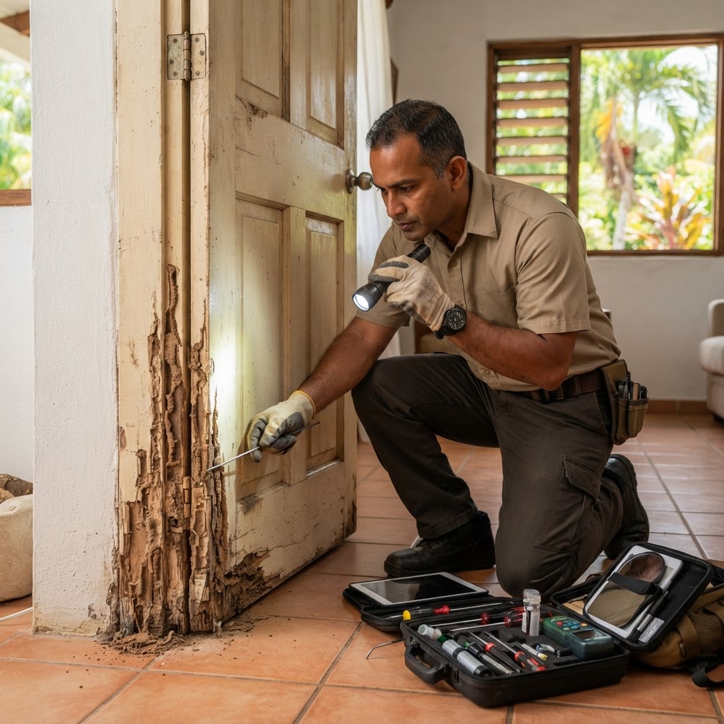 Professional pest control technician inspecting a wooden door frame for termite damage.