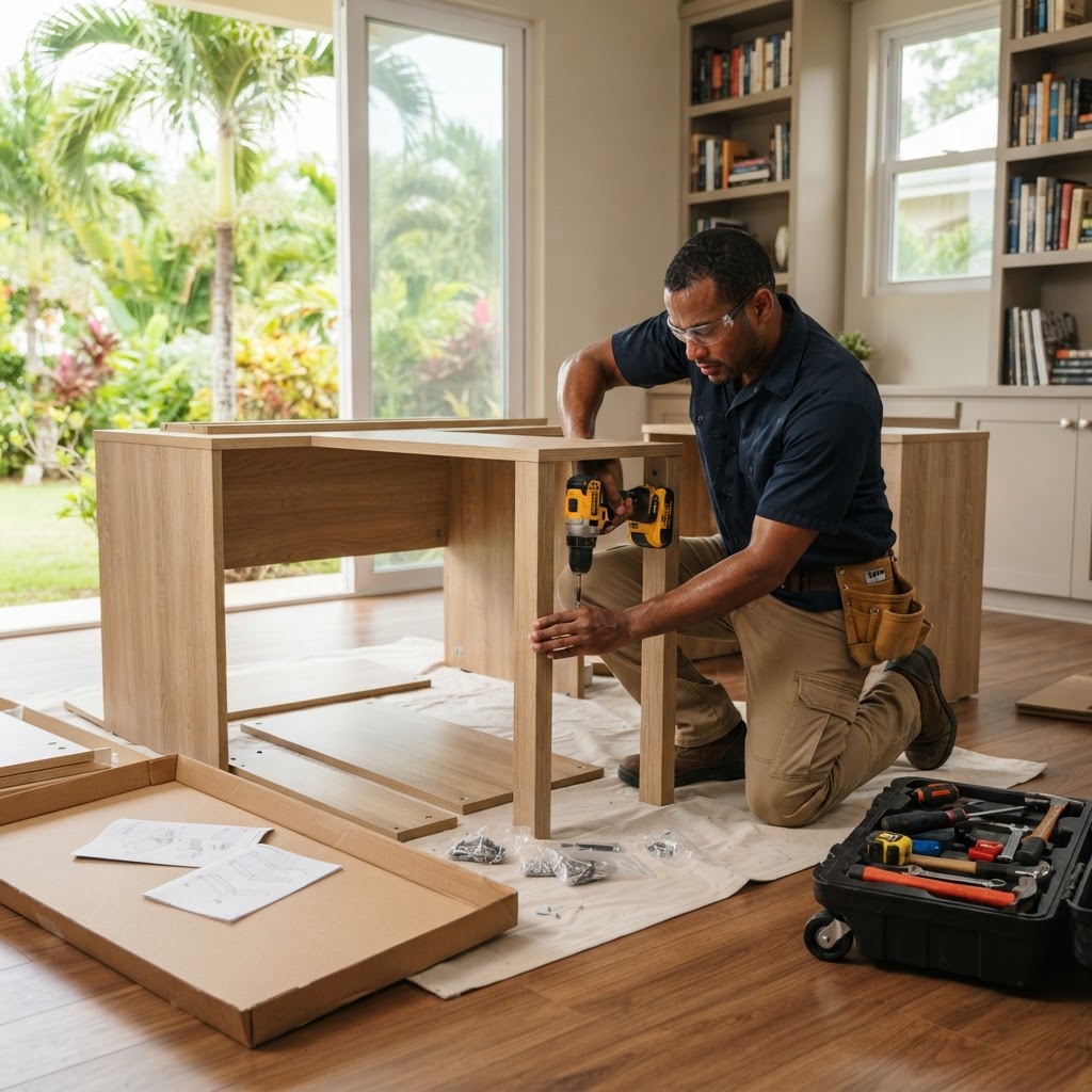 Professional installing office furniture assembly.