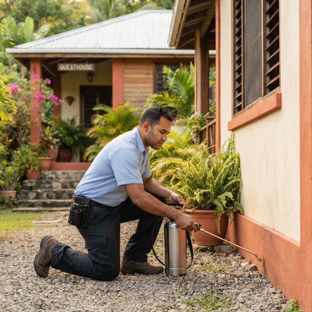 Professional pest-control technician treating a home.