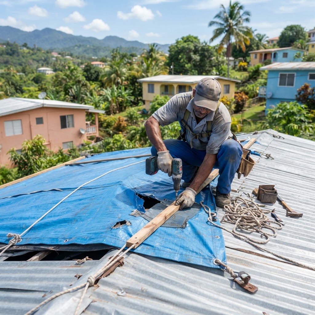 Professional repairing emergency tarpaulin installation.