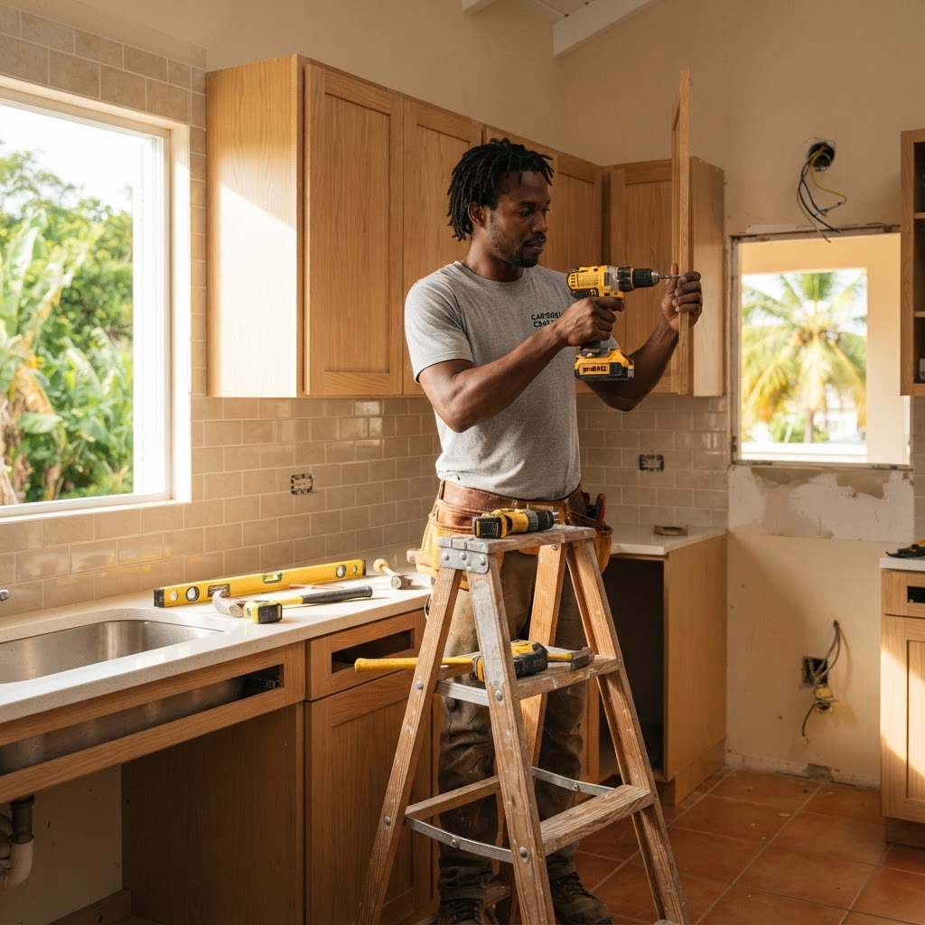 Professional installing kitchen cupboard installation.