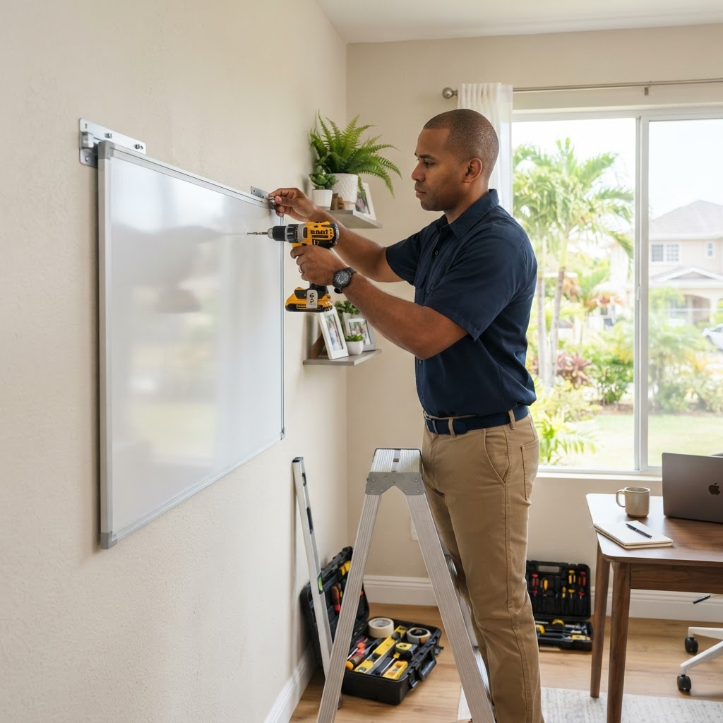 Professional installing whiteboard installation.