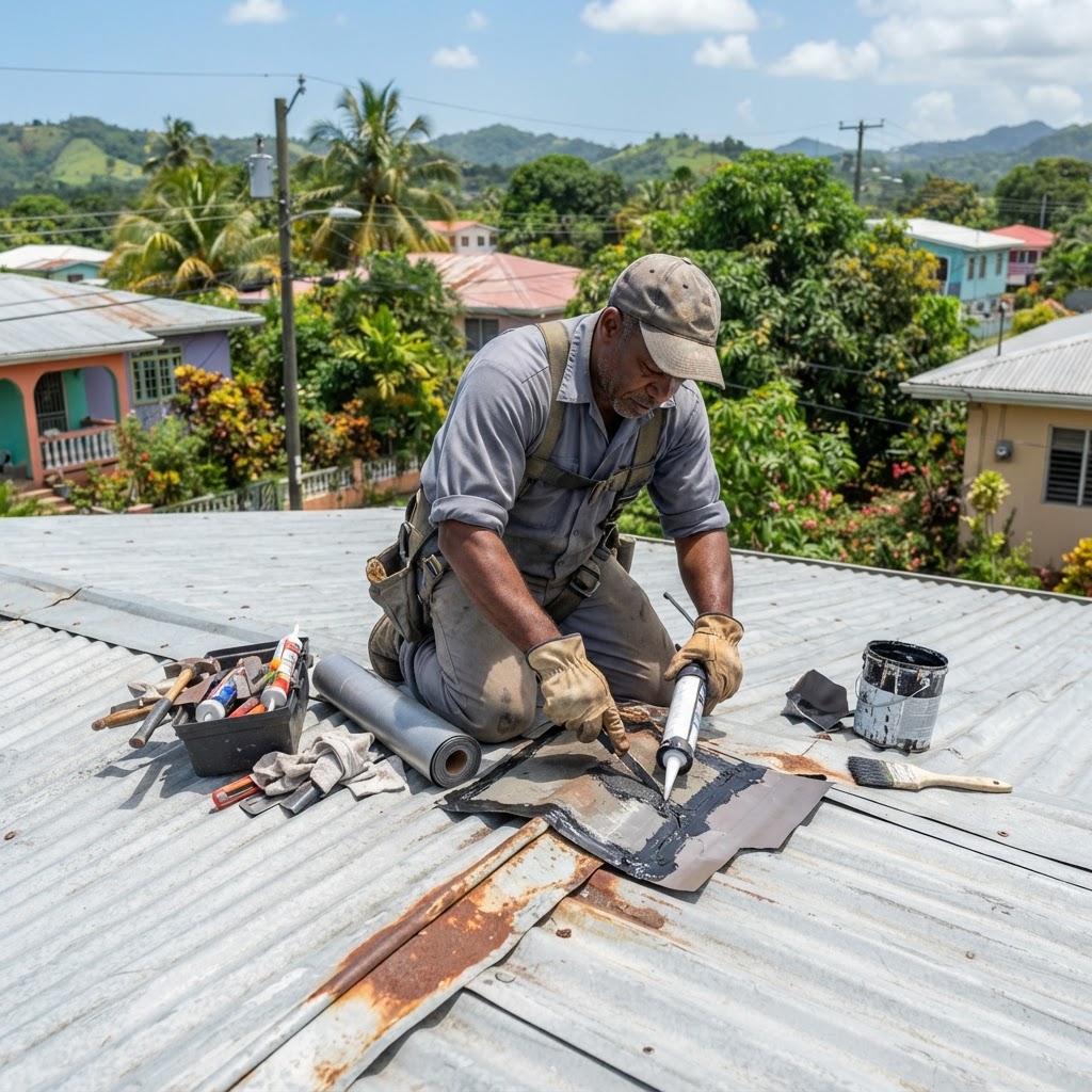 Professional roofer repairing a section of roof.
