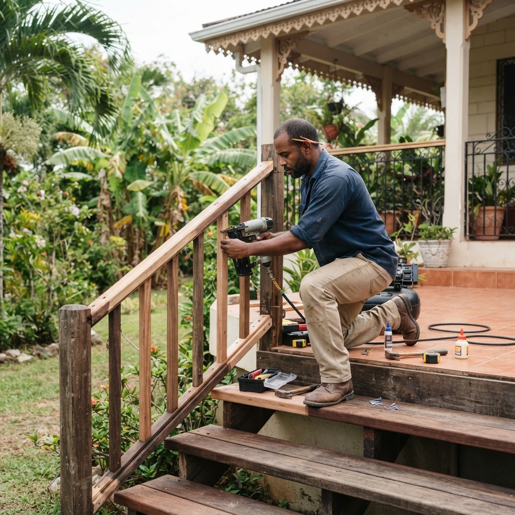 Professional repairing wooden stair repairs.