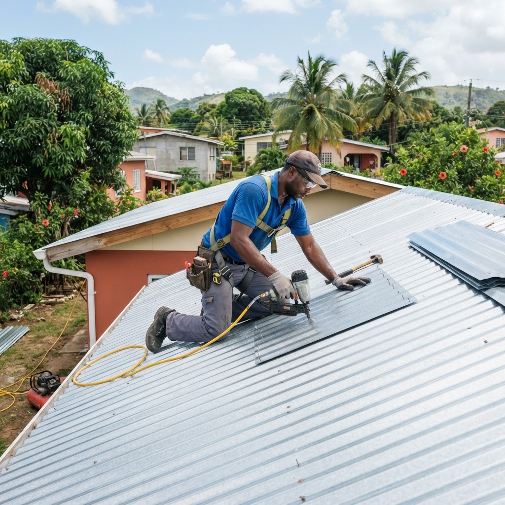 Professional roofer installing shingles on a residential roof.