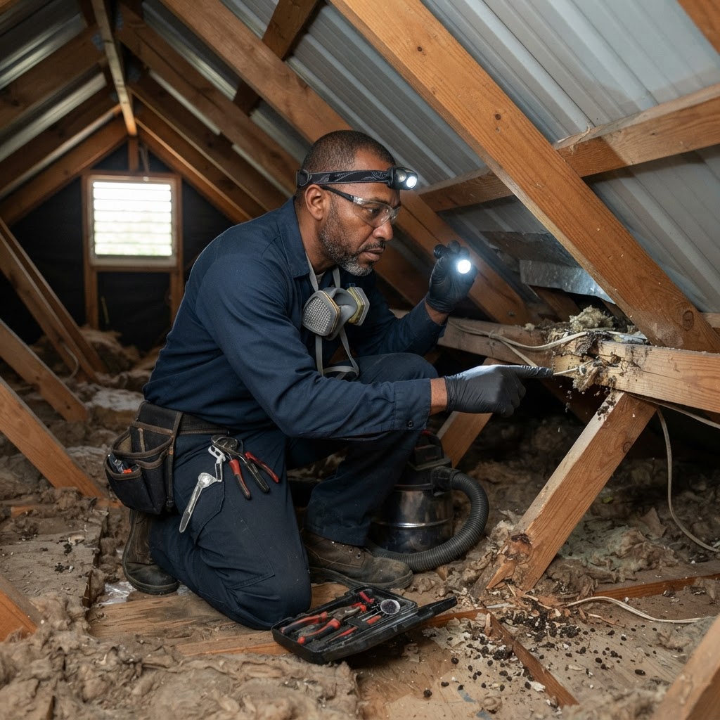 Professional pest control technician inspecting rodent entry points in a home.